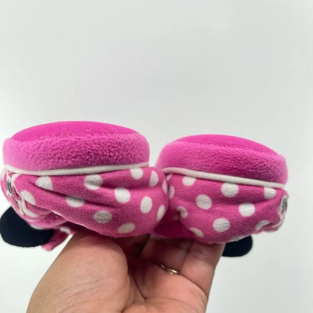 Disney Minnie Mouse Girls Pink Polka Dot Sequin Plush Slippers XL 11/12